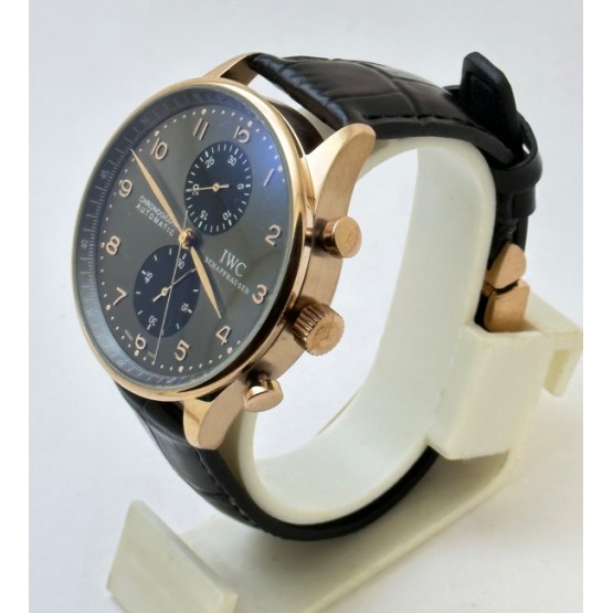 I W C Portugieser Chronograph Rose Gold Black Leather Strap  Swiss Automatic Watch