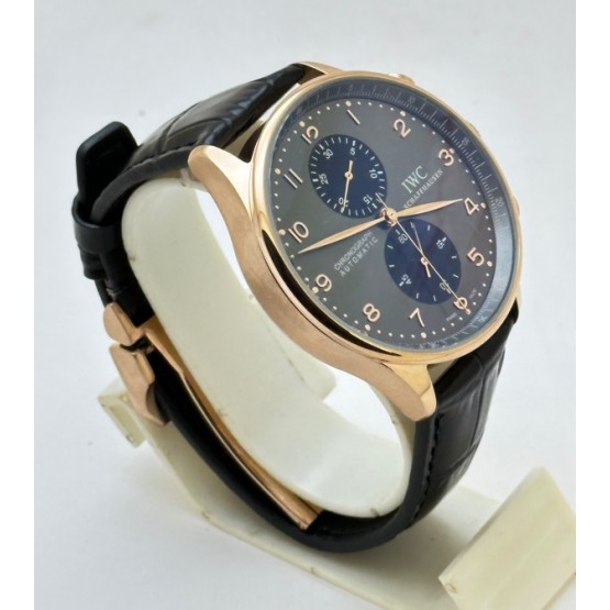 I W C Portugieser Chronograph Rose Gold Black Leather Strap  Swiss Automatic Watch