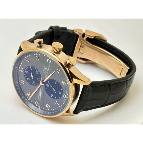 I W C Portugieser Chronograph Rose Gold Black Leather Strap  Swiss Automatic Watch