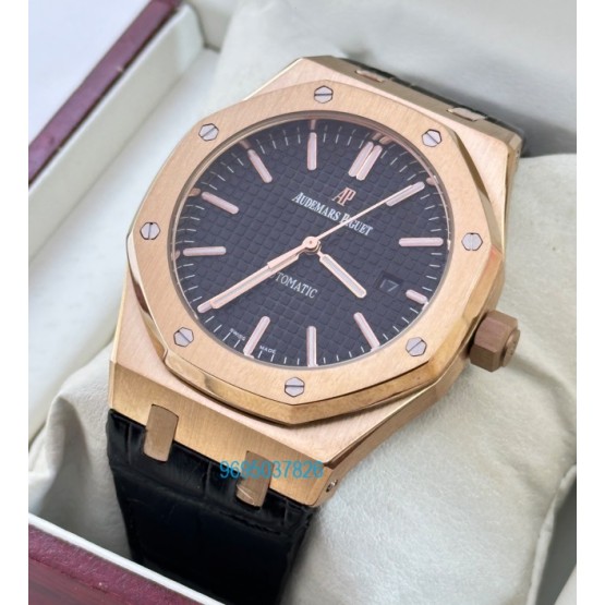 Audemars Piguet Royal Oak Rose Gold Black Leather Strap Swiss Automatic Watch