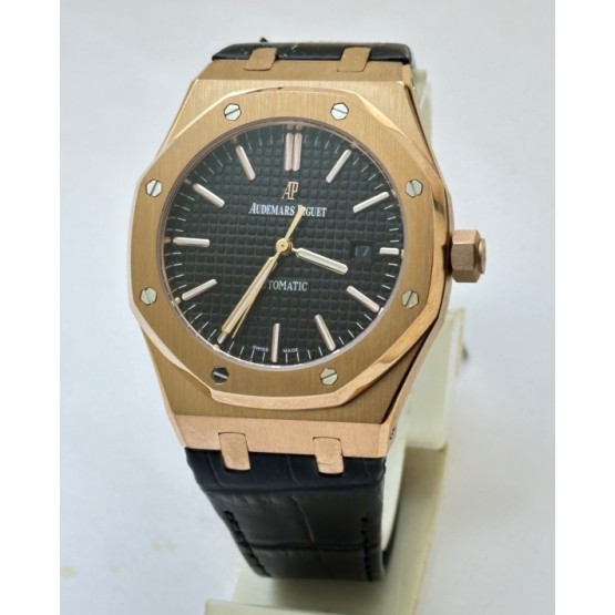 Audemars Piguet Royal Oak Rose Gold Black Leather Strap Swiss Automatic Watch