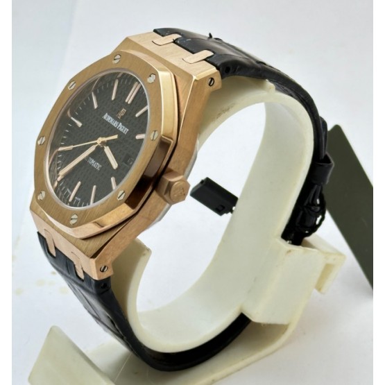 Audemars Piguet Royal Oak Rose Gold Black Leather Strap Swiss Automatic Watch