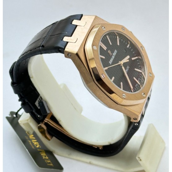 Audemars Piguet Royal Oak Rose Gold Black Leather Strap Swiss Automatic Watch