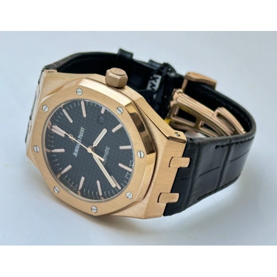 Audemars Piguet Royal Oak Rose Gold Black Leather Strap Swiss Automatic Watch