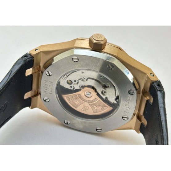 Audemars Piguet Royal Oak Rose Gold Black Leather Strap Swiss Automatic Watch