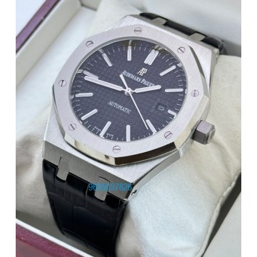 Audemars Piguet Royal Oak Steel Black Leather Strap Swiss Automatic Watch