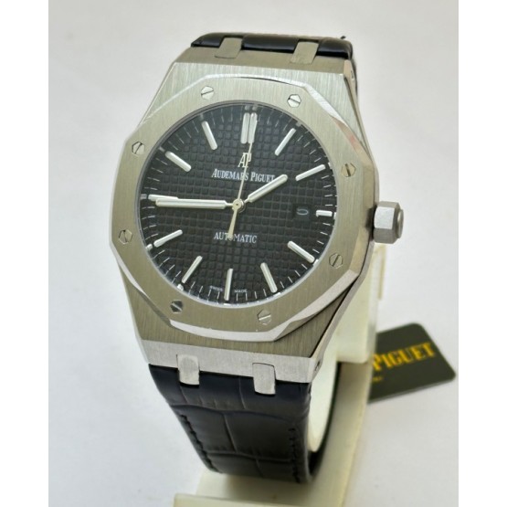 Audemars Piguet Royal Oak Steel Black Leather Strap Swiss Automatic Watch