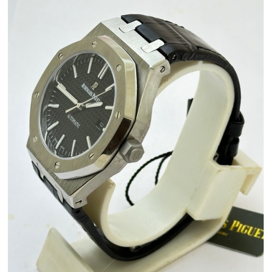 Audemars Piguet Royal Oak Steel Black Leather Strap Swiss Automatic Watch