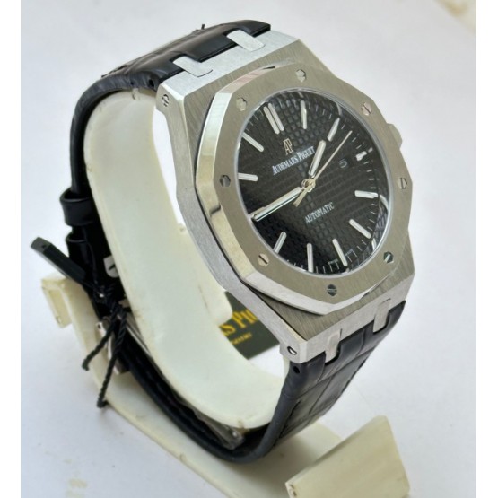 Audemars Piguet Royal Oak Steel Black Leather Strap Swiss Automatic Watch