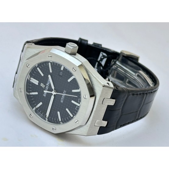 Audemars Piguet Royal Oak Steel Black Leather Strap Swiss Automatic Watch