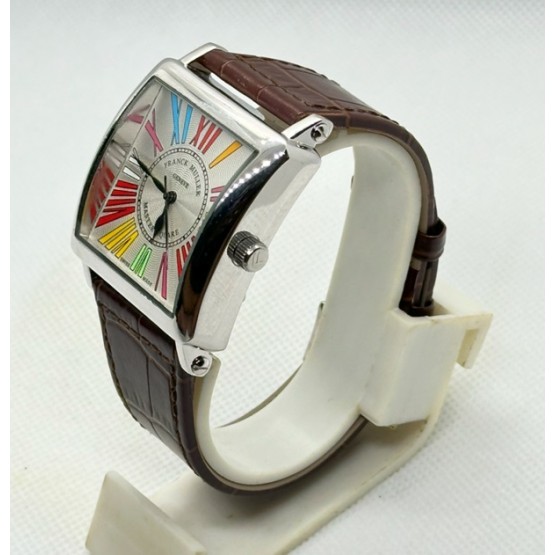 Franck Muller Square Master Steel Color Dreams Roman Mark Leather Strap Watch