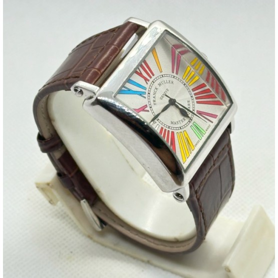 Franck Muller Square Master Steel Color Dreams Roman Mark Leather Strap Watch