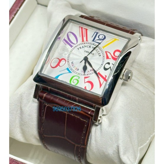 Franck Muller Square Master Steel Color Dreams Leather Strap Watch