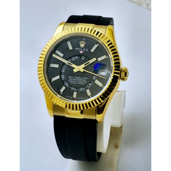 Rolex Sky Dweller Gold Black Rubber Strap Swiss ETA Automatic 7750 Valjoux Movement Watch