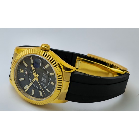 Rolex Sky Dweller Gold Black Rubber Strap Swiss ETA Automatic 7750 Valjoux Movement Watch