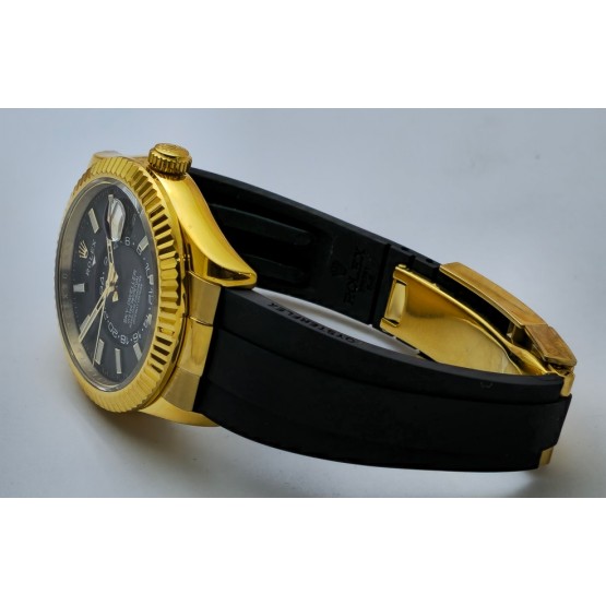 Rolex Sky Dweller Gold Black Rubber Strap Swiss ETA Automatic 7750 Valjoux Movement Watch