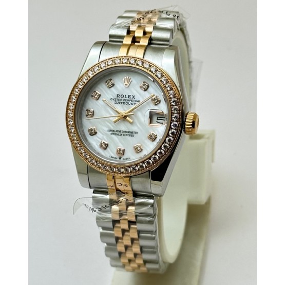 Rolex Datejust White Diamond Bezel Mother Of Pearl Dual Tone Swiss Automatic Ladies Watch