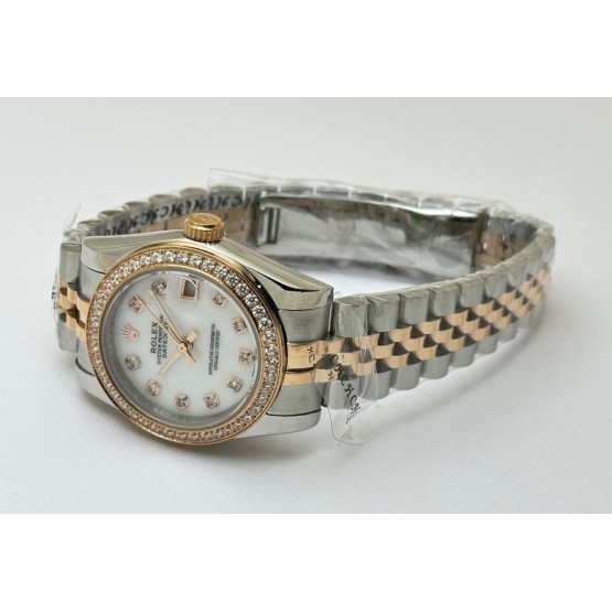 Rolex Datejust White Diamond Bezel Mother Of Pearl Dual Tone Swiss Automatic Ladies Watch