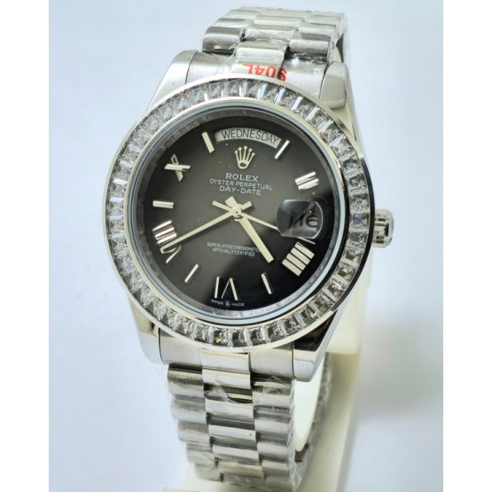 Rolex Day-Date Diamond Bezel Black Steel Swiss Automatic Watch