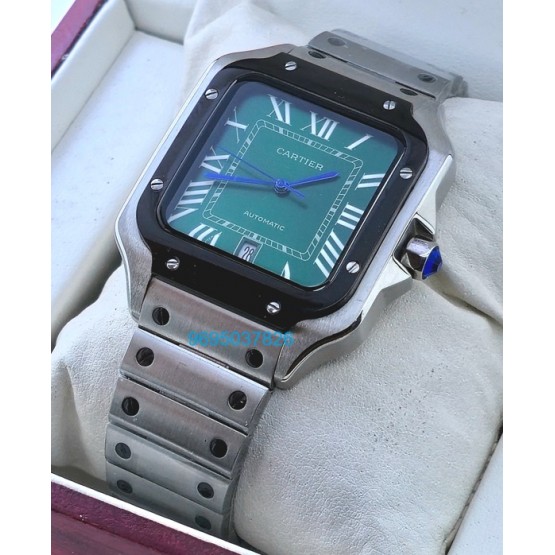 Cartier Santos 100 Green Steel Black Bezel Swiss Automatic Watch