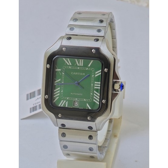 Cartier Santos 100 Green Steel Black Bezel Swiss Automatic Watch