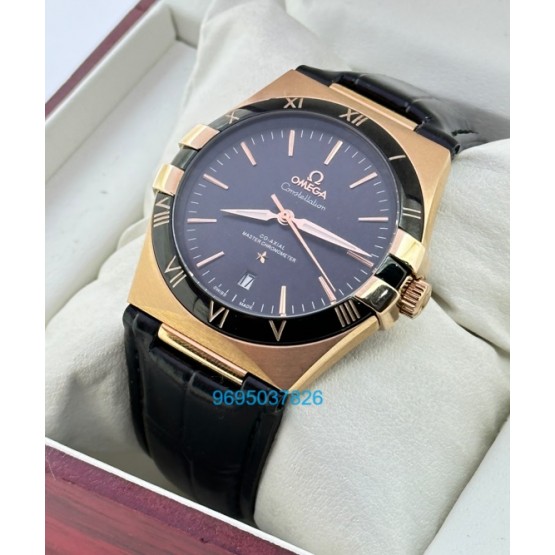 Omega Constellation Rose Gold Black Strap Swiss Automatic Watch