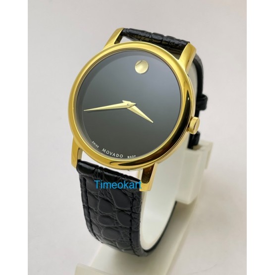 Movado Ultra Slim 2 Gold  Black Leather Strap Watch