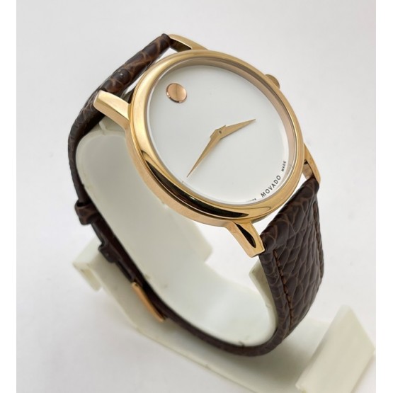 Movado Ultra Slim 2 Rose Gold White Leather Strap Watch