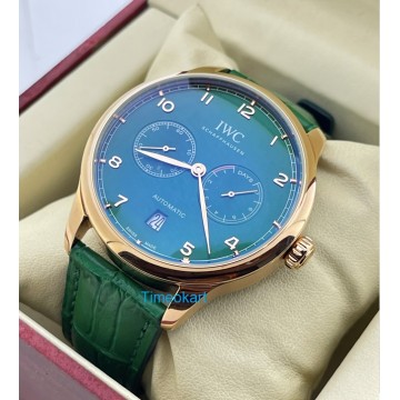 I W C Portuguese Power Reserve Rose Gold Green Leather Strap Swiss Automatic Watch