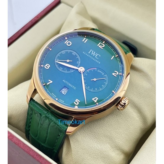 I W C Portuguese Power Reserve Rose Gold Green Leather Strap Swiss Automatic Watch