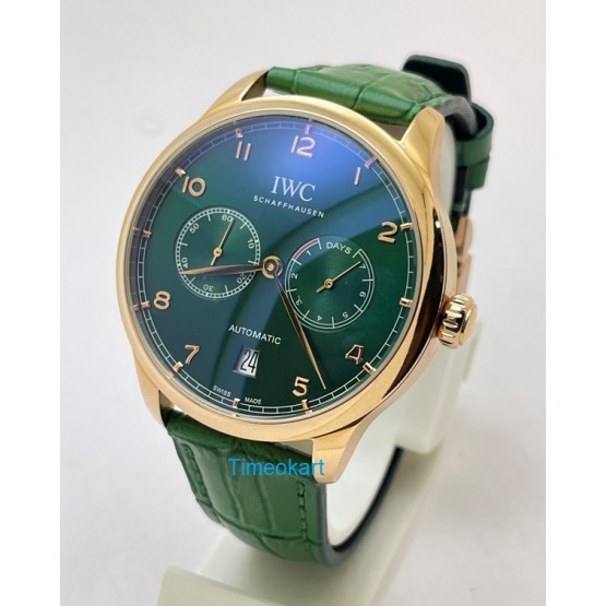 I W C Portuguese Power Reserve Rose Gold Green Leather Strap Swiss Automatic Watch