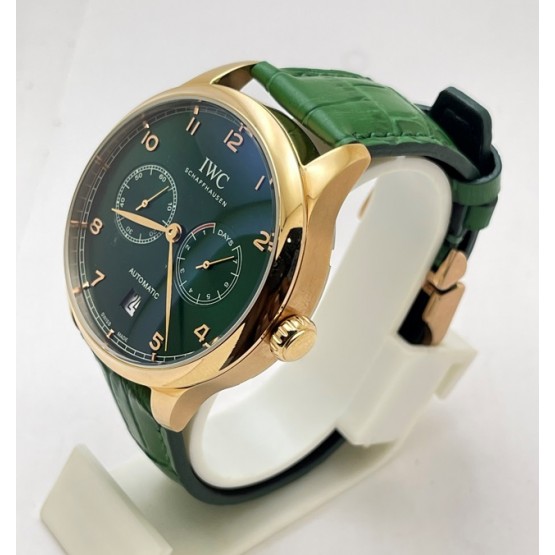 I W C Portuguese Power Reserve Rose Gold Green Leather Strap Swiss Automatic Watch