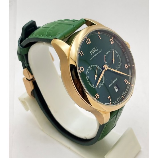 I W C Portuguese Power Reserve Rose Gold Green Leather Strap Swiss Automatic Watch