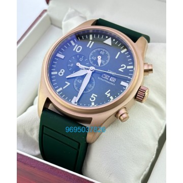 I W C Pilot Chronograph Day-Date Rose Gold Green Rubber Strap Watch