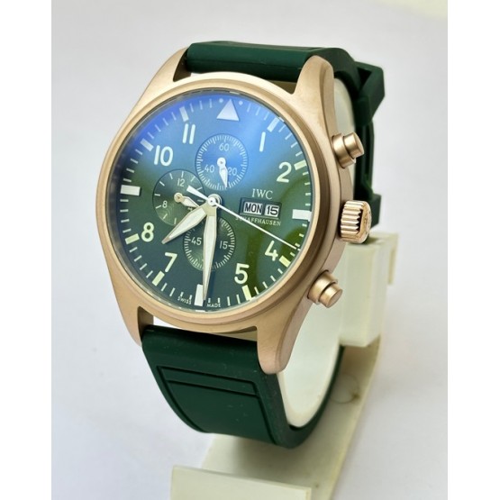 I W C Pilot Chronograph Day-Date Rose Gold Green Rubber Strap Watch