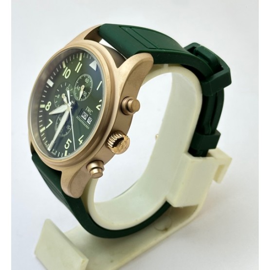 I W C Pilot Chronograph Day-Date Rose Gold Green Rubber Strap Watch