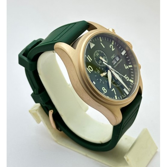 I W C Pilot Chronograph Day-Date Rose Gold Green Rubber Strap Watch