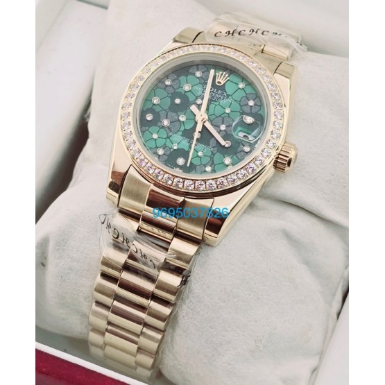 Rolex Datejust Green Floral Diamond Bezel Rose Gold Swiss Automatic Ladies Watch