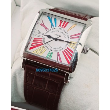 Franck Muller Square Master Steel Color Dreams Roman Mark Leather Strap Watch