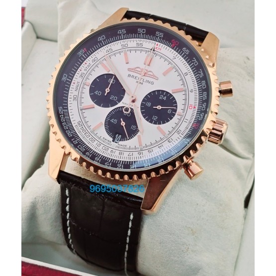 Breitling Navitimer Chrono Black & White Rose Gold Leather Strap Watch