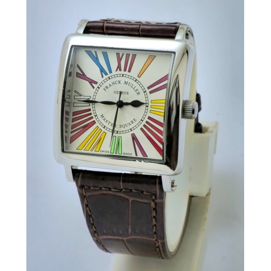 Franck Muller Square Master Steel Color Dreams Roman Mark Leather Strap Watch