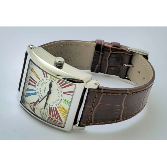 Franck Muller Square Master Steel Color Dreams Roman Mark Leather Strap Watch