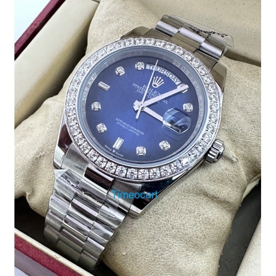 Rolex Day-Date Diamond Bezel Blue Steel Swiss Automatic Watch