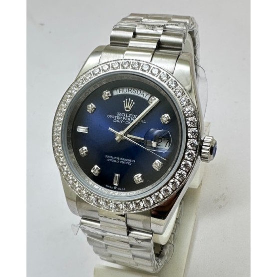 Rolex Day-Date Diamond Bezel Blue Steel Swiss Automatic Watch