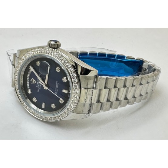 Rolex Day-Date Diamond Bezel Blue Steel Swiss Automatic Watch