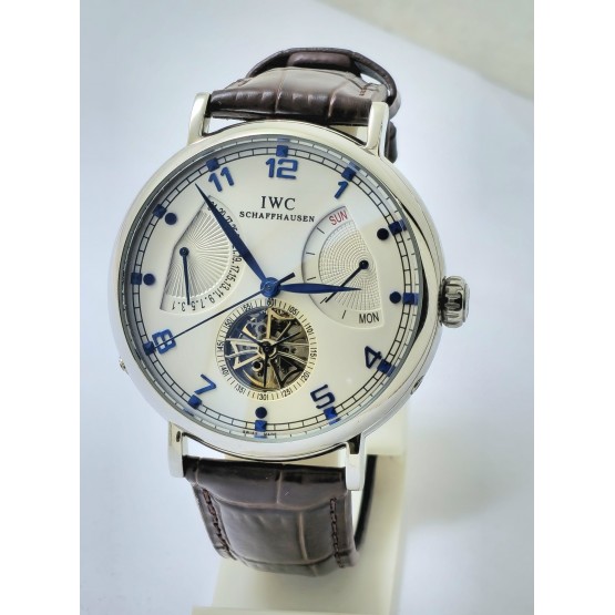 I W C Schaffhausen Portofino DAY-DATE Tourbillon Steel Leather Strap Swiss Automatic Watch