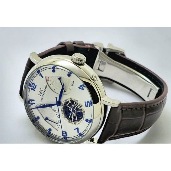 I W C Schaffhausen Portofino DAY-DATE Tourbillon Steel Leather Strap Swiss Automatic Watch