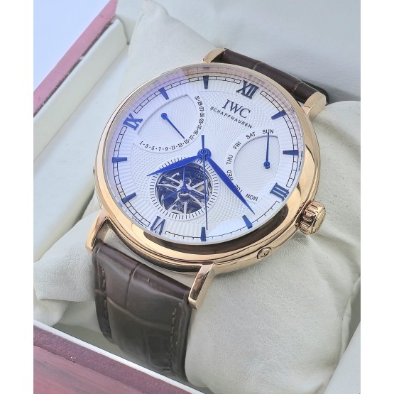 I W C Schaffhausen Portofino DAY-DATE Tourbillon Rose Gold Leather Strap Swiss Automatic Watch