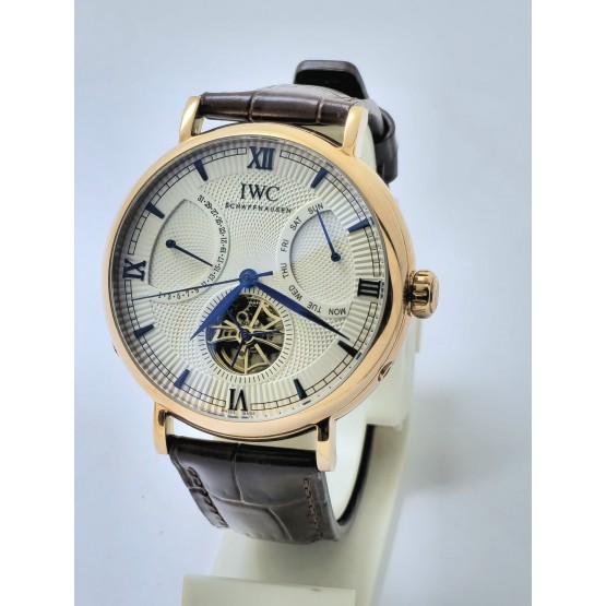 I W C Schaffhausen Portofino DAY-DATE Tourbillon Rose Gold Leather Strap Swiss Automatic Watch