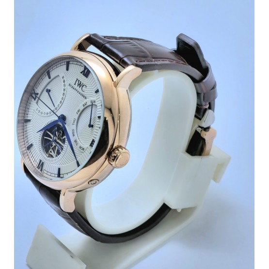 I W C Schaffhausen Portofino DAY-DATE Tourbillon Rose Gold Leather Strap Swiss Automatic Watch